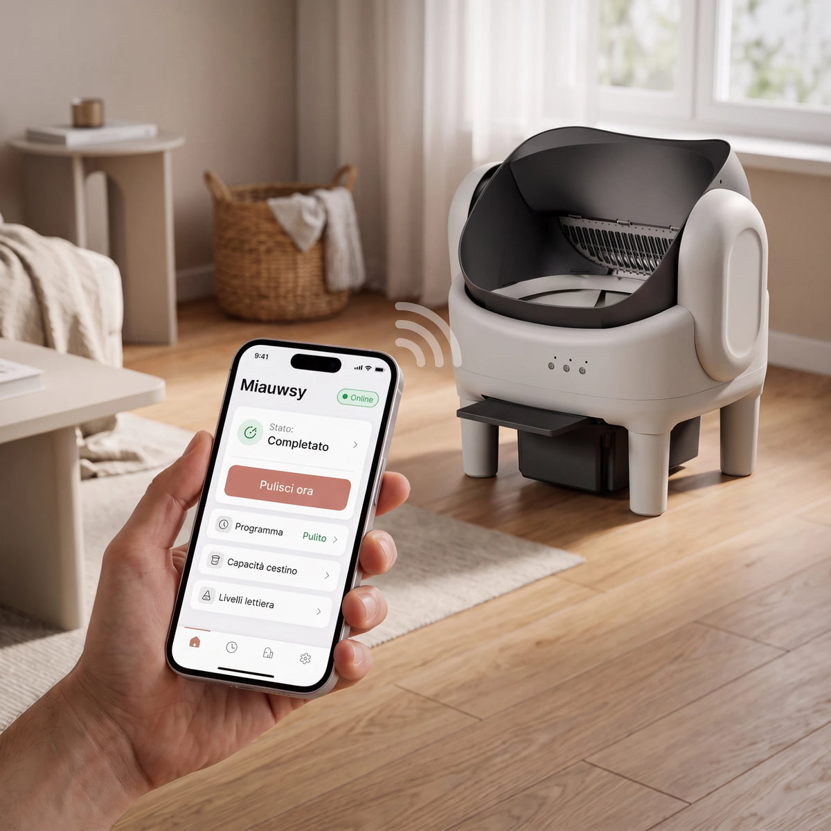Miauwsy automatische kattenbak in de woonkamer, bediend via de app op een smartphone