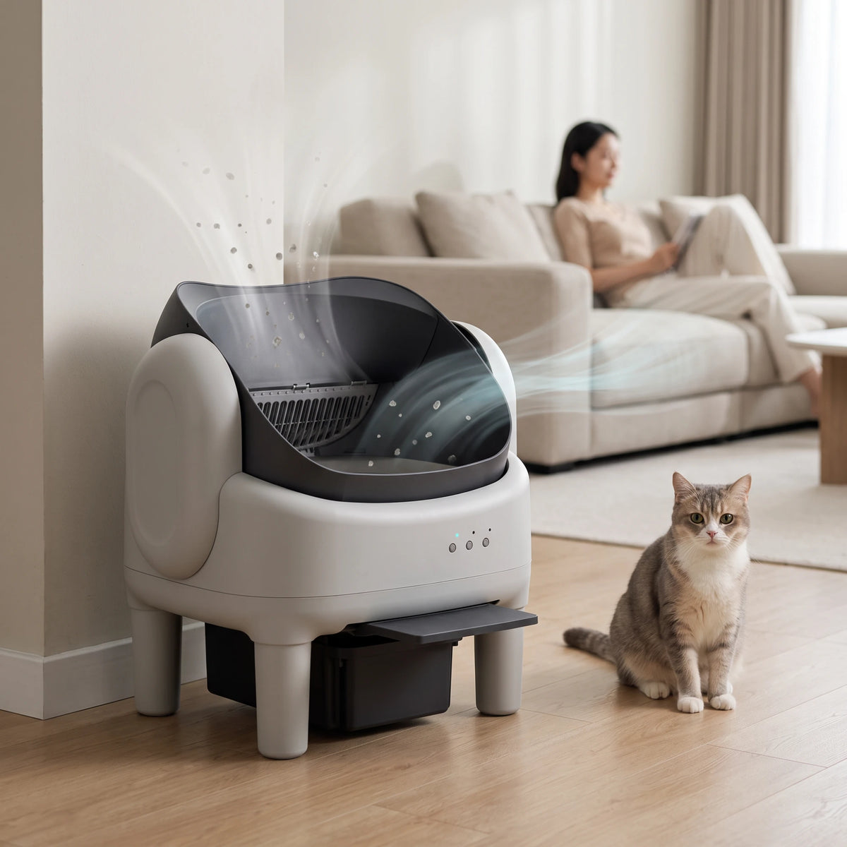 Miauwsy automatische kattenbak in een frisse woonkamer met kat en ontspannen eigenaar