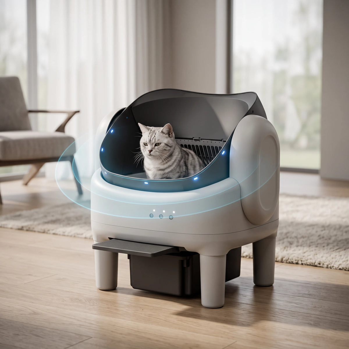 Kat zit rustig in de Miauwsy automatische kattenbak met veiligheidssensoren