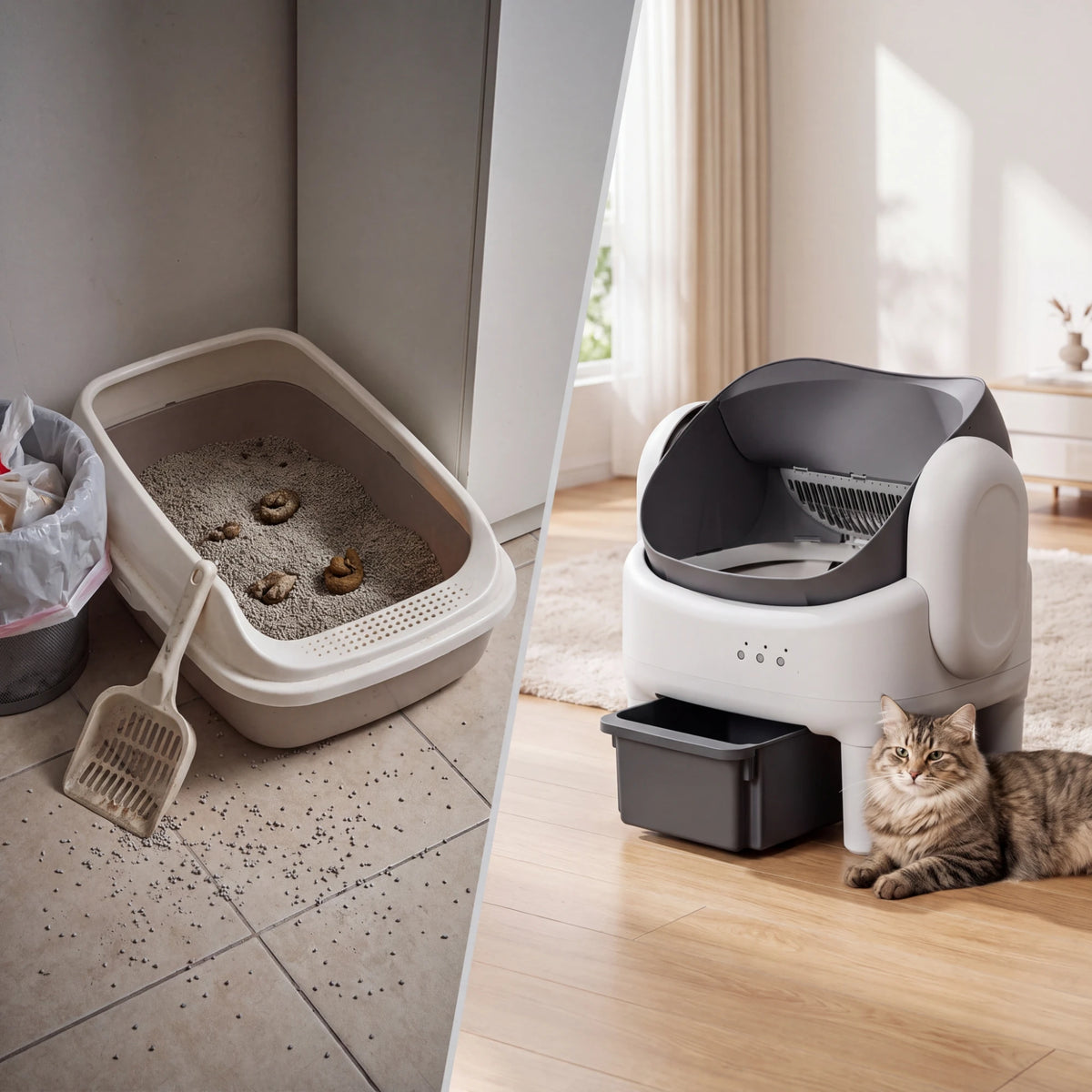 Gewone kattenbak met scheppen naast de schone automatische Miauwsy kattenbak