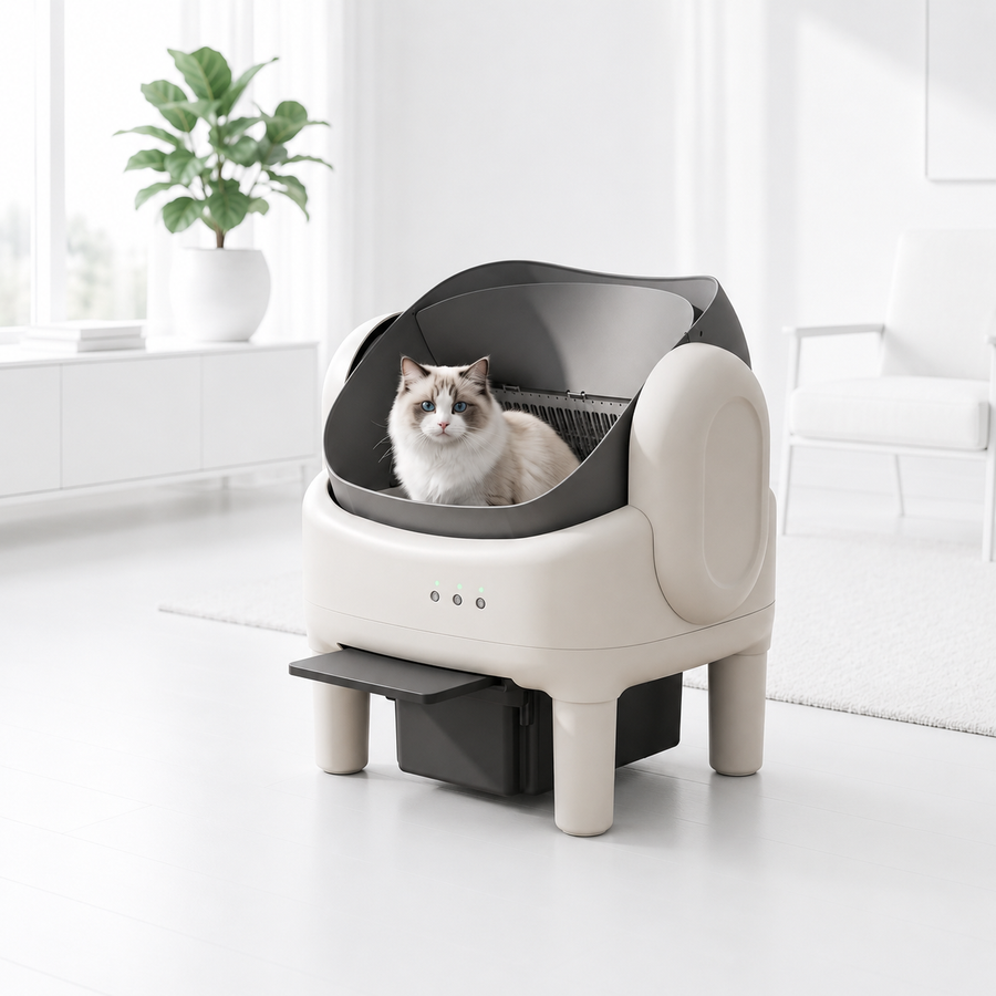 Lettiera automatica Miauwsy con un gatto all'interno in un soggiorno luminoso