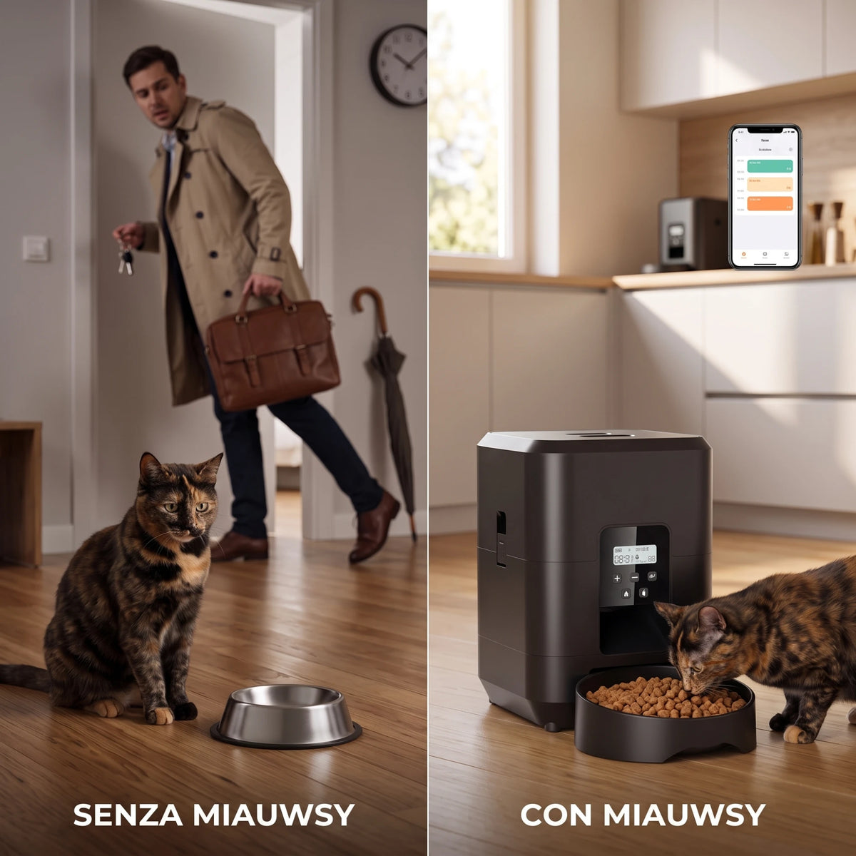 Kat bij een lege voerbak naast een kat die eet uit de Miauwsy automatische voerbak