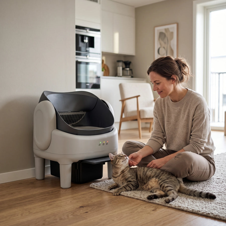 Eigenaar aait haar kat naast de Miauwsy automatische kattenbak in een lichte woonkamer