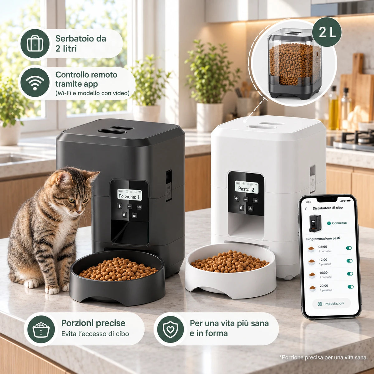Miauwsy automatische voerbak in zwart en wit met precieze porties, kat ernaast