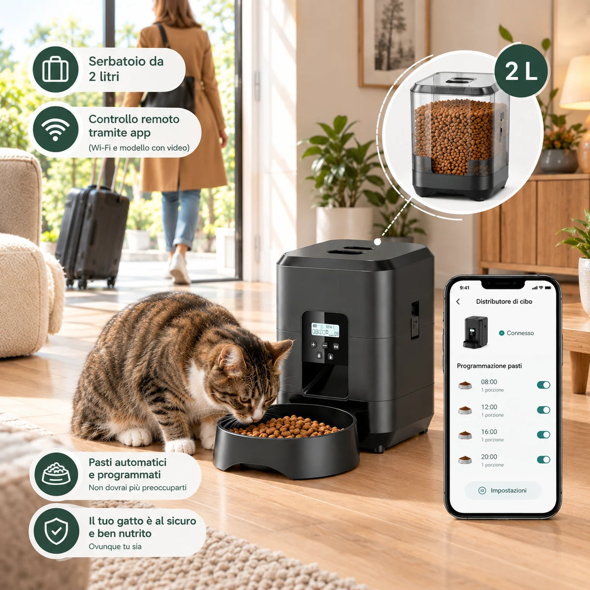 Kat eet uit de Miauwsy automatische voerbak terwijl de eigenaar op reis gaat